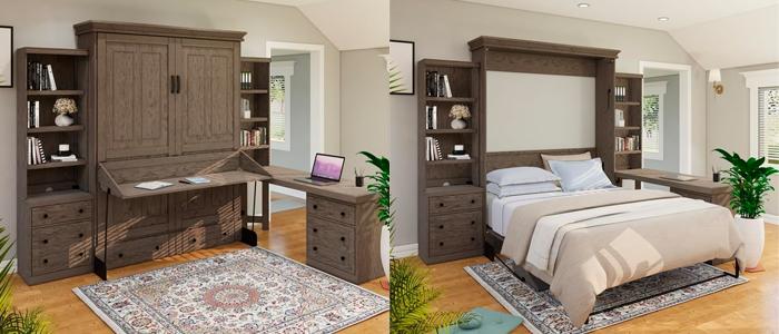 Murphy Wall Bed Turns into Complete Desk with Dual Bookcases for Storage