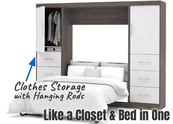 Murphy Bed Cabinet Combo with Hanging Clothes Storage and Drawers in Side Cabinets