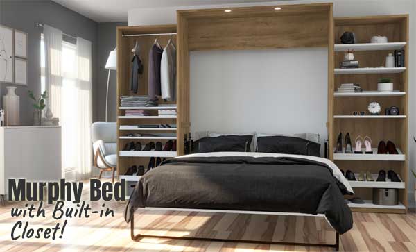 Compact Queen Murphy Bed with Closet for Shoes, Hanging Clothes
