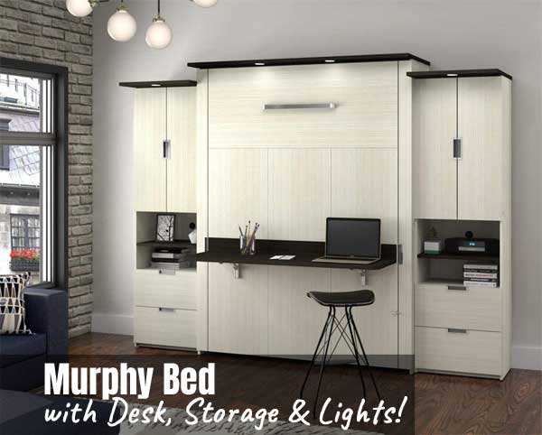 Murphy Bed with Desk, Storage Cabinets and Lights