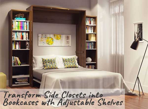 Murphy Bed with Dual Bookcases and Adjustable Reversible Shelves