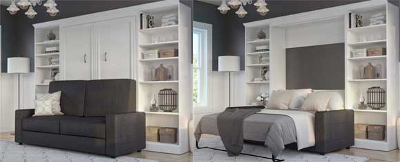 Murphy Bed with Sofa in Front and 2 Tall Storage Bookshelves